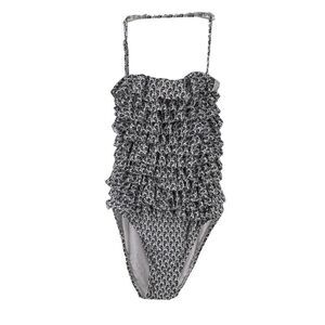 LOFT Swimsuit One Piece Size 6 Ruffle Front Halter Seahorse White And Black NEW